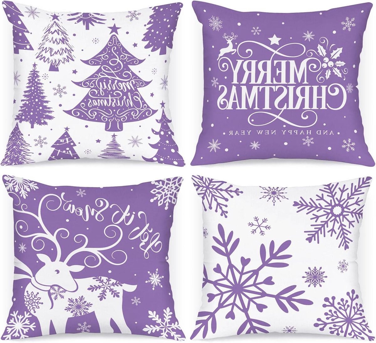 Cosensi Kerst kussenslopen set van 4 - Wit en paars - Decoratieve marineblauwe winter sneeuwvlok Xmas kussenhoes - 40 x 30 cm - Geschikt voor binnenshuis - Voor huisbank - Paars thema - Sierkussensloop - 40,6 cm - Winterdecoratie Any