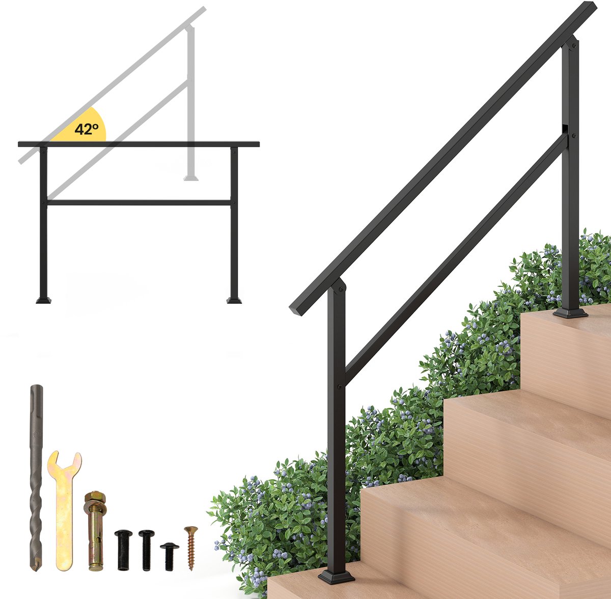 COSTWAY Leuning, trapleuning, zijdelingse montage, entree met flexibele hoekverstelling, trapleuningen, incl. montagemateriaal, voor binnen en buiten (138 cm)