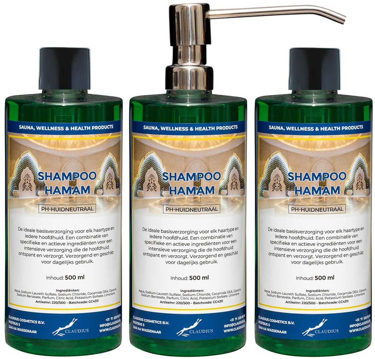 Shampoo Hamam 500 ml met luxe RVS zilverkleurige pomp - set van 3 stuks - voordeelverpakking - haarverzorging