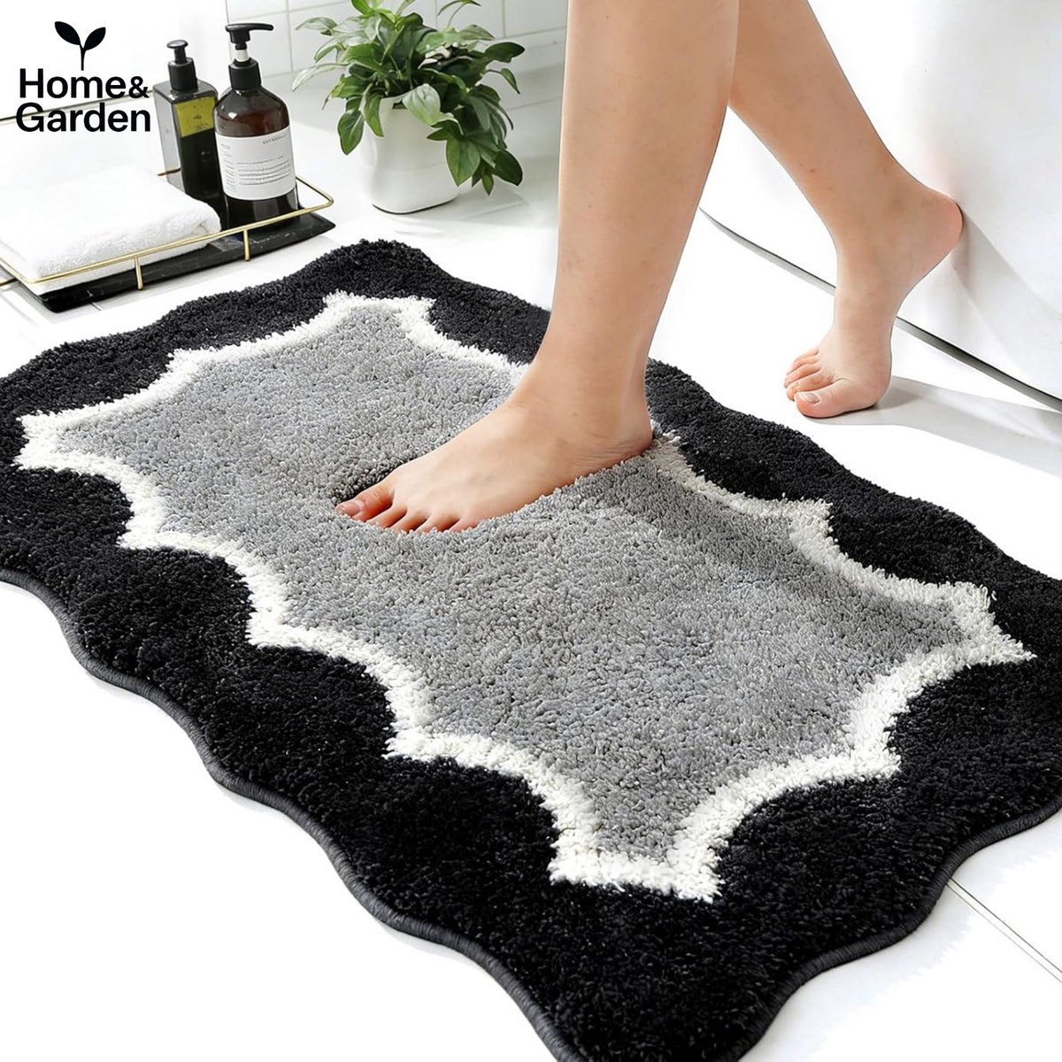 Home&Garden Luxe Badmat – Anti‑Slip – Zacht & Absorberend – 80×50 cm – Grijs/Zwart – Sneldrogend – Badkamer Mat