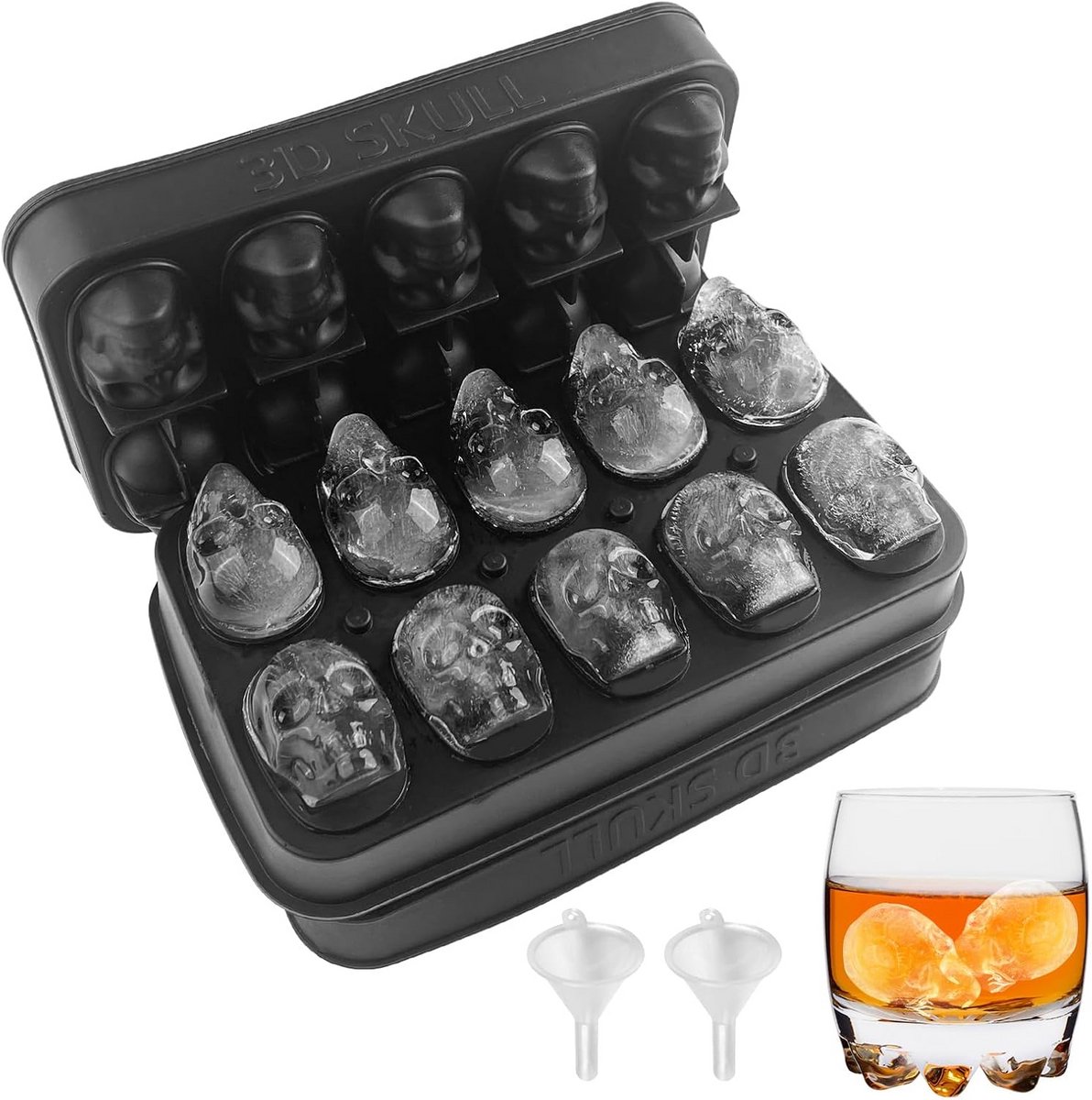 2 Stuks Siliconen IJsvakjes met Deksel - Doodshoofd Vorm voor Whisky en Cocktails