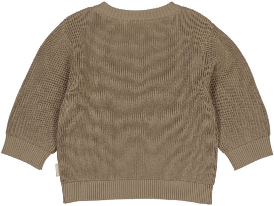 Bruin gebreid vestje voor baby met knopen, lange mouwen en boorden.