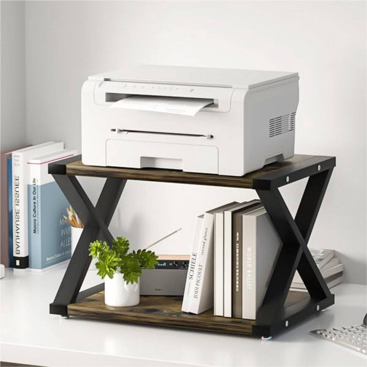 Desktop Printer Stand - 2-Tier Desk Organizer voor Thuis en Kantoor - Opbergoplossing voor Faxmachine en Scanner - Rustic Bruin