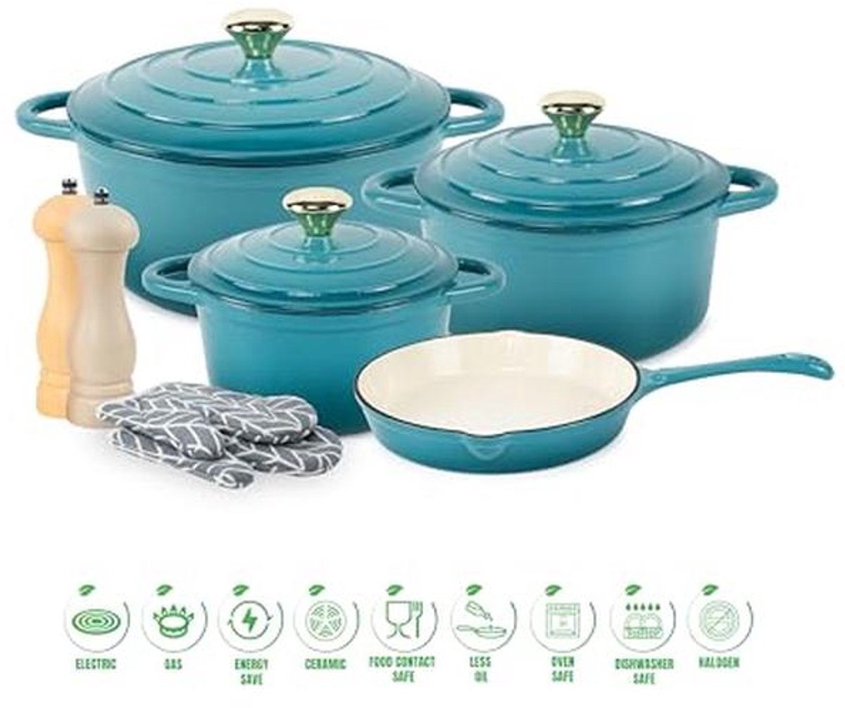 Non-Stick Gietijzeren Nederlandse Oven Kookgerei Set - 7 Delig