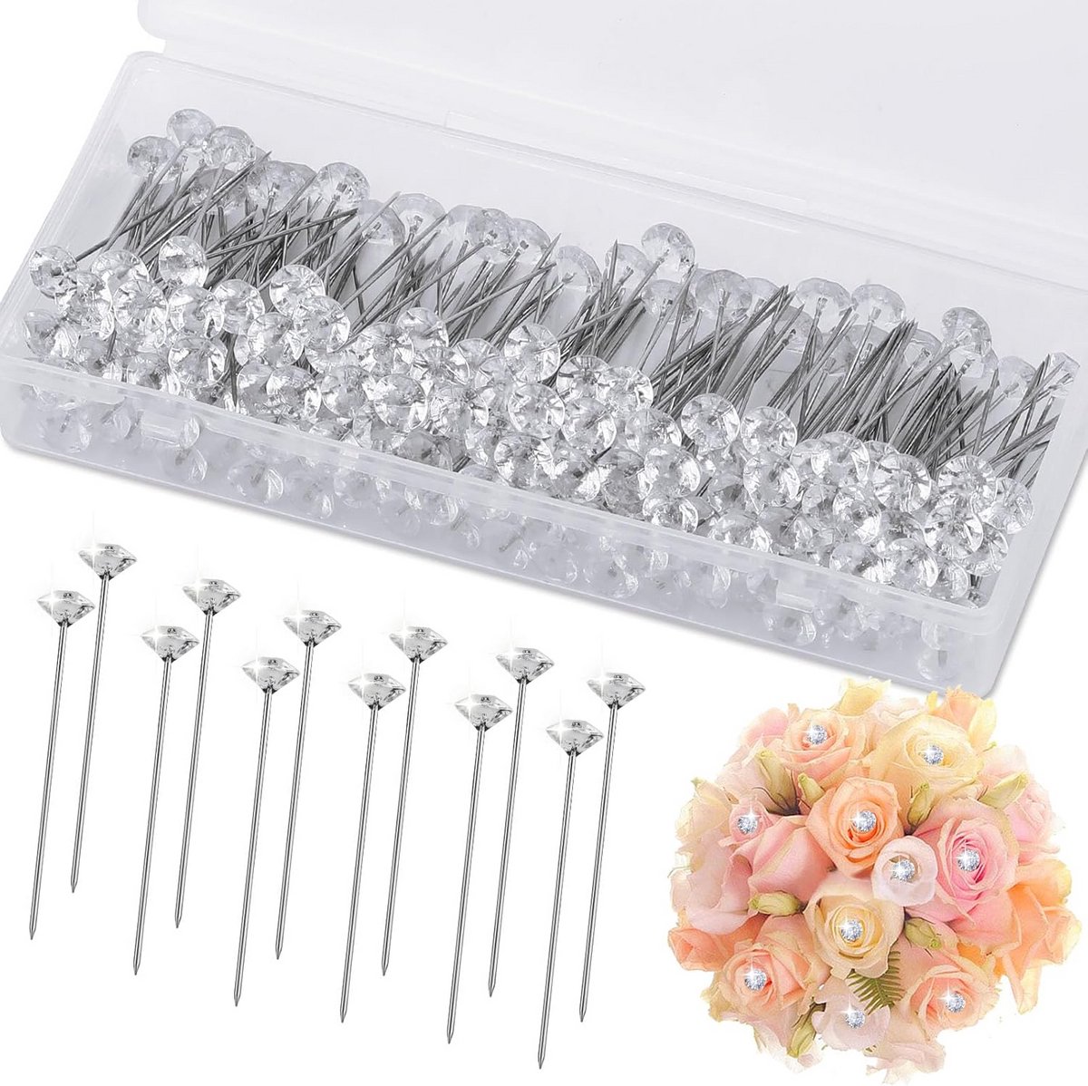 200x Corsage Spelden en Bloemspelden met Diamant Kop - 5 cm Rechte Boutonniere Pins voor Bruiloft en Decoratie