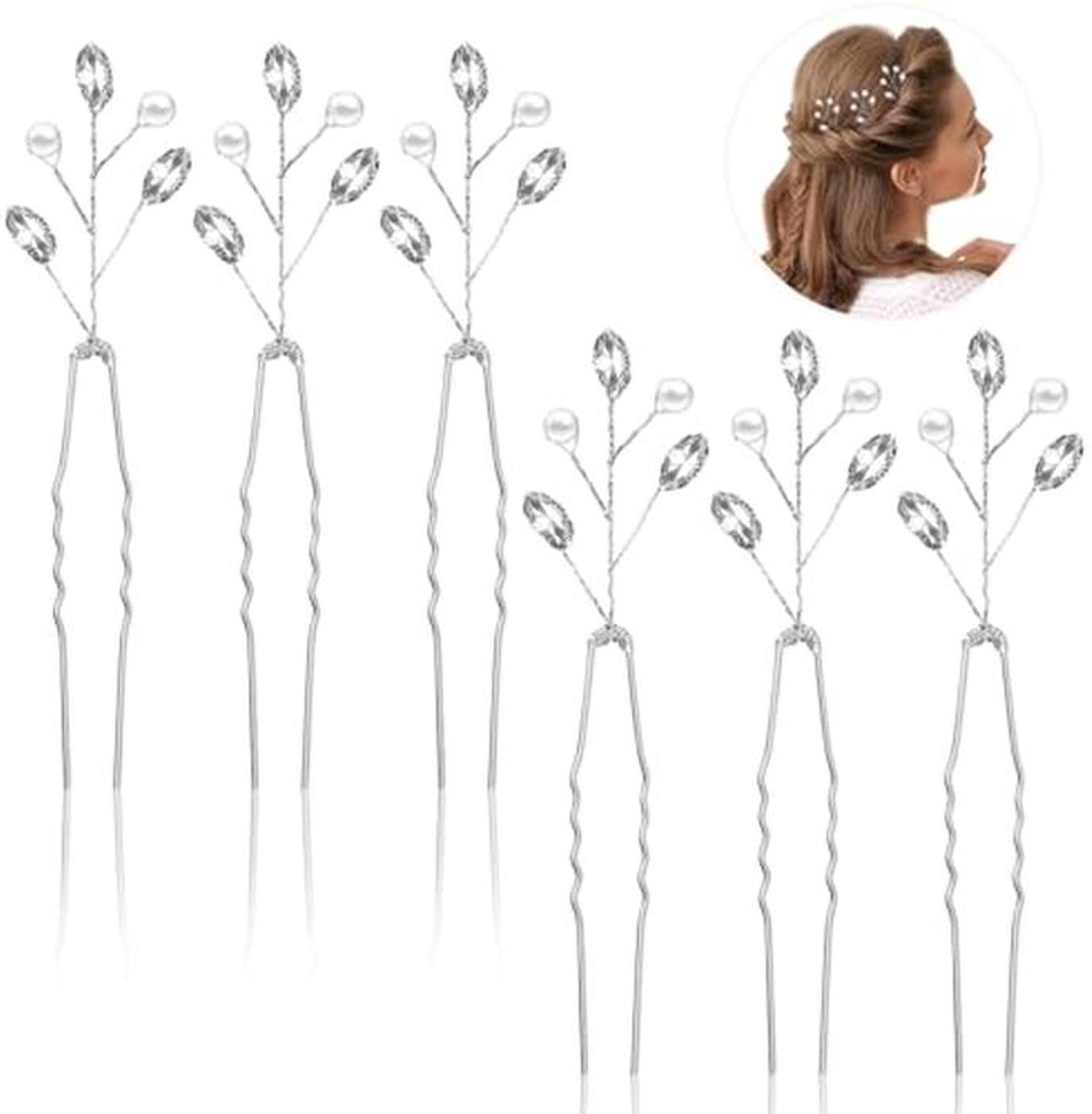 Zilveren Bruiloft Haarspelden Set van 6 - Strass, Parels en Kristallen Haaraccessoires