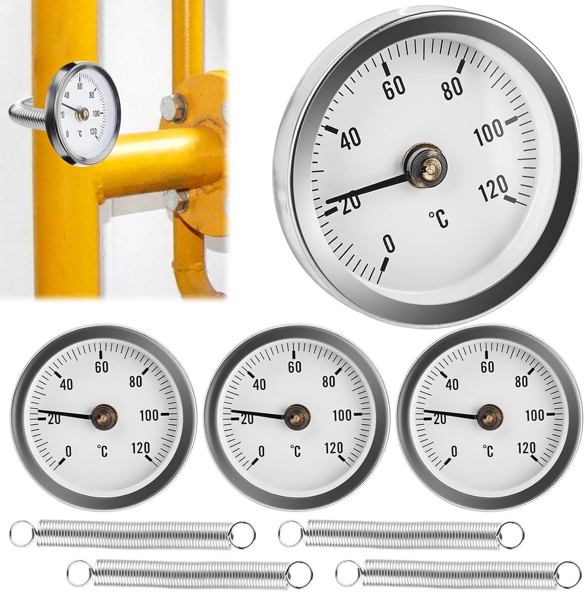 4x Buisthermometer 0-120°C - Aanlegthermometer Bimetaal voor Verwarming & Leidingen