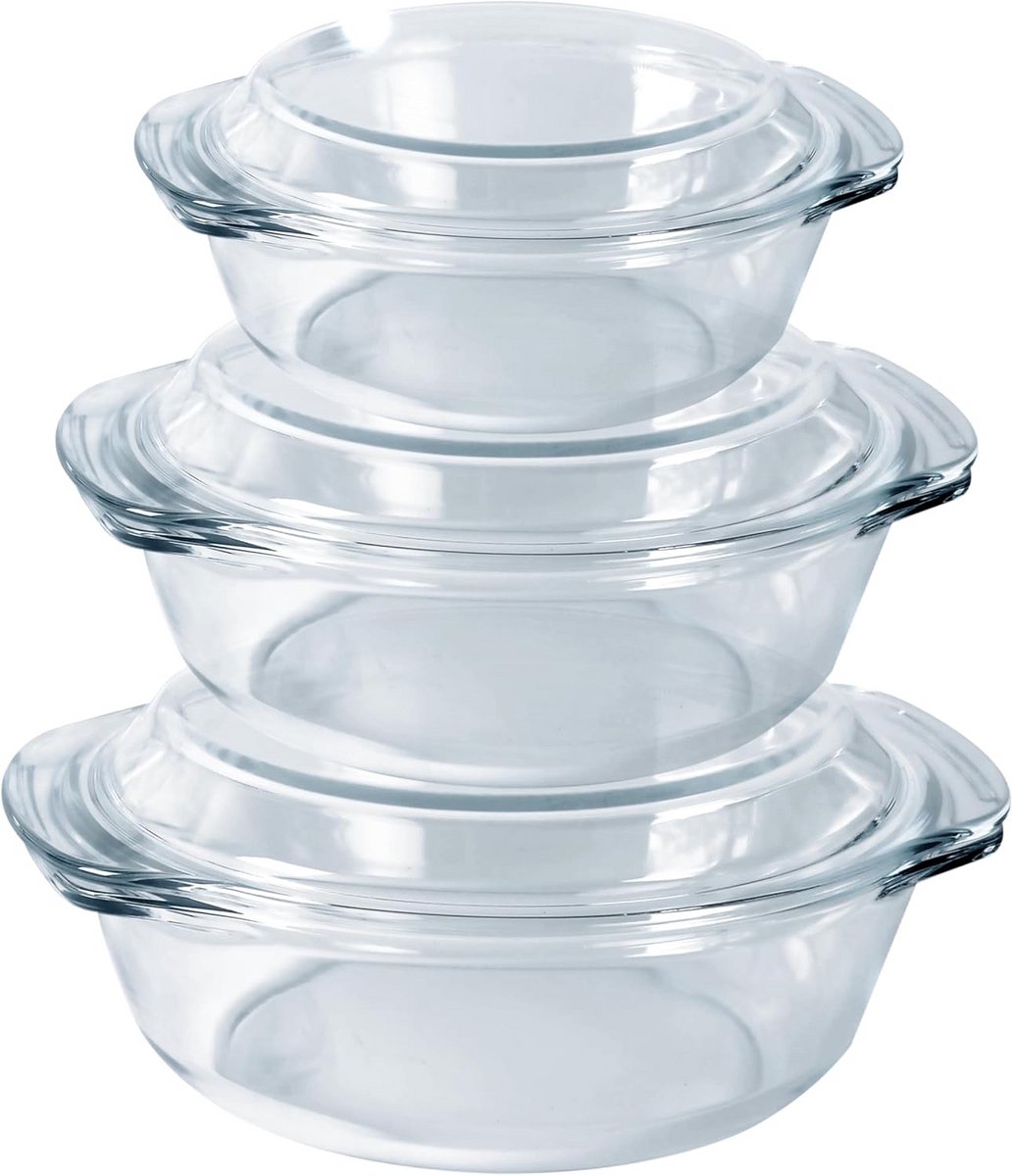 Set van 3 Ronde Ovenschalen van Glas - Diverse Groottes - Oven- en Vaatwasserbestendig