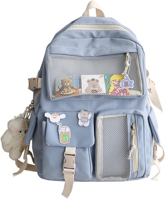 Kawaii rugzak met beer hanger, esthetische canvas studenten schooltas schouder draagtas casual dagrugzak terug naar school, roze, L