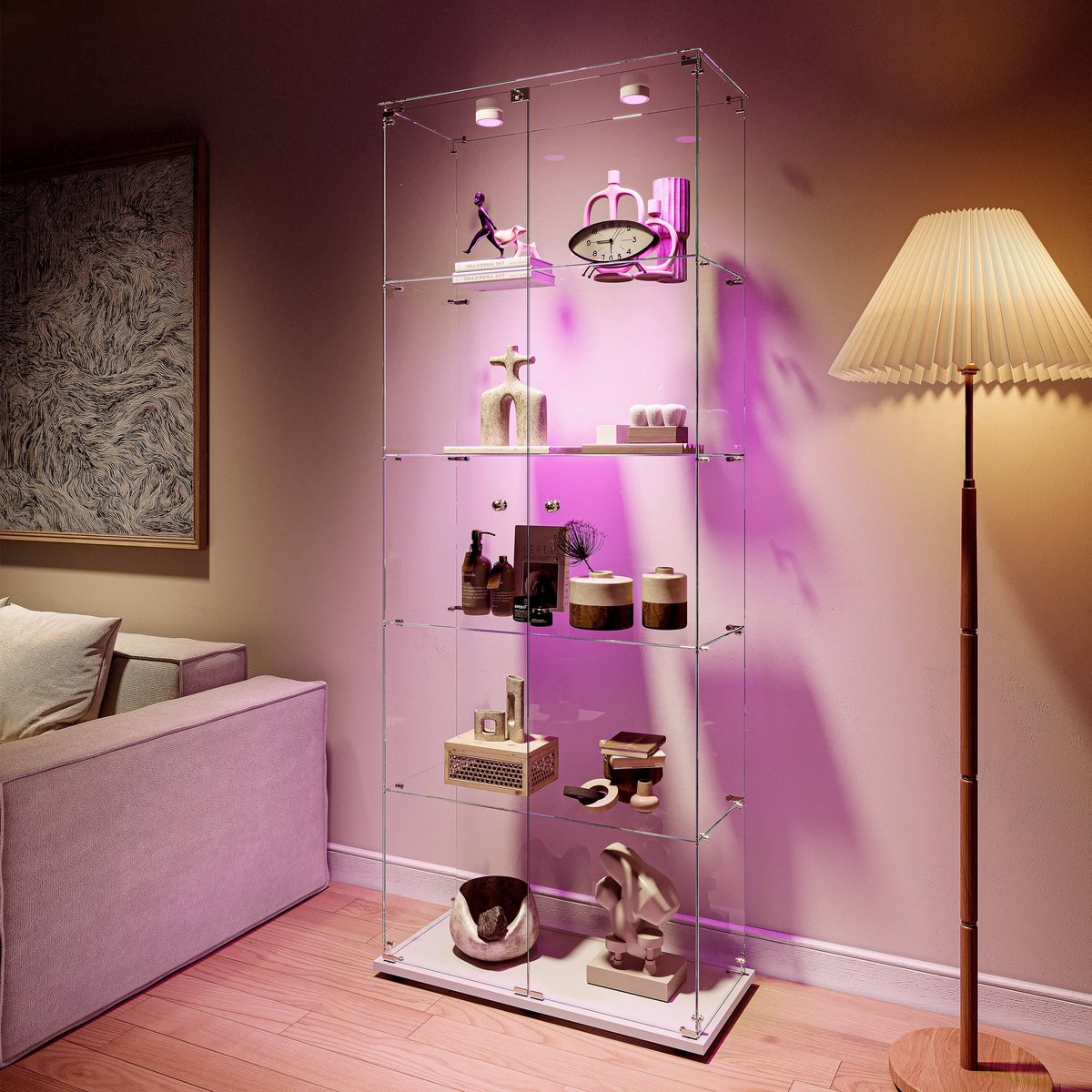 LED-vitrinekast van glas, 78x34x186 cm, 5-laags vitrinekast met dubbele deuren, moderne vitrinekast voor de woonkamer, geschikt voor slaapkamer, kantoor en huisdecoratie, wit - met aanraakbediening (verzending in twee batches)