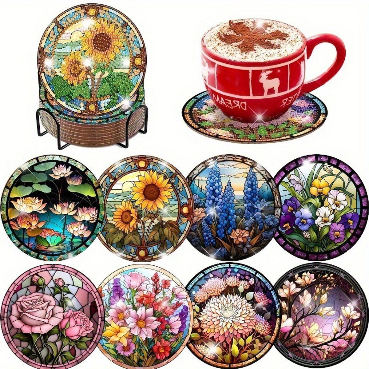 longziming -Diamond Painting Coasters – Diamond Painting Onderzetter Set – 8 Zelfklevende Kurken Onderzetters met Kleurrijke Diamanten, Pen en Tray – Creatieve DIY Hobby voor Beginners en Kunstliefhebbers – Perfect als Origineel Geschenk