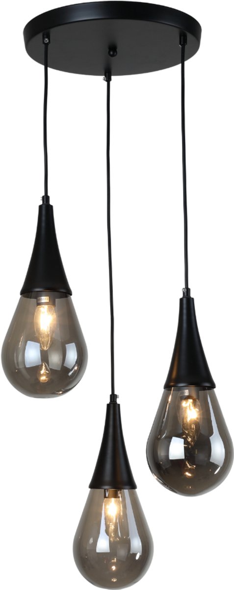 Hanglamp met 3 lichtpunten, smoke kleur glazen en ronde plaat