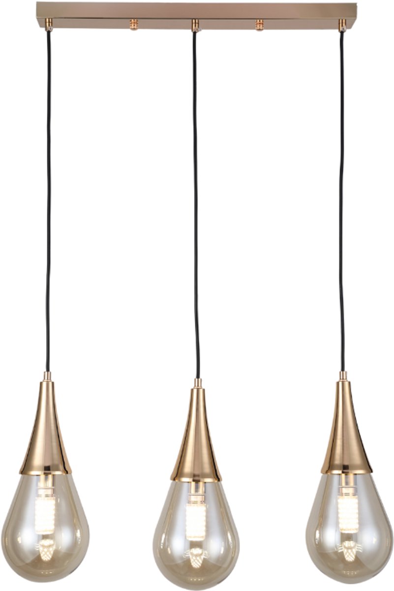 Eettafellamp met 3 lichtpunten, amber kleur glazen en rechthoekige plaat