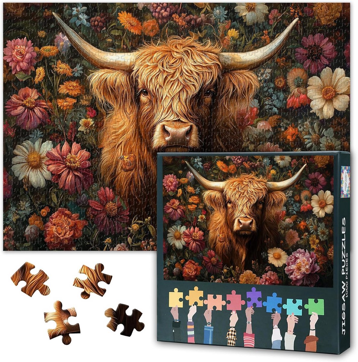 Puzzel 1000 Stukjes - Schotse Hooglanders in Bloemenweide - 50x70cm - Uitdagende Puzzel voor Volwassenen