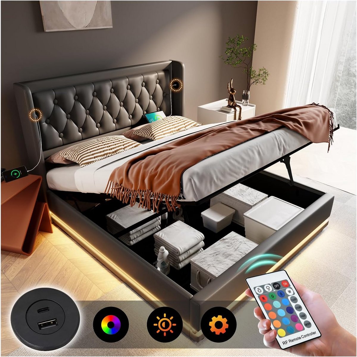 Design Tweepersoonsbed 140x200 met Opbergruimte, Hoofdbord met LED en USB-C Oplaadpunt