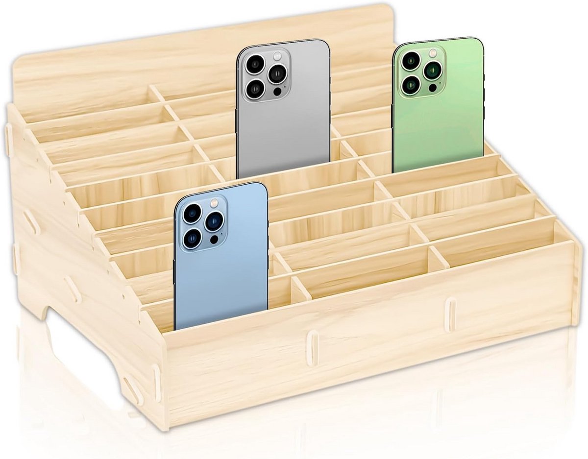 Houten Telefoon Opbergbox met 30 Vakken - Flexibele School & Kantoor Organizer