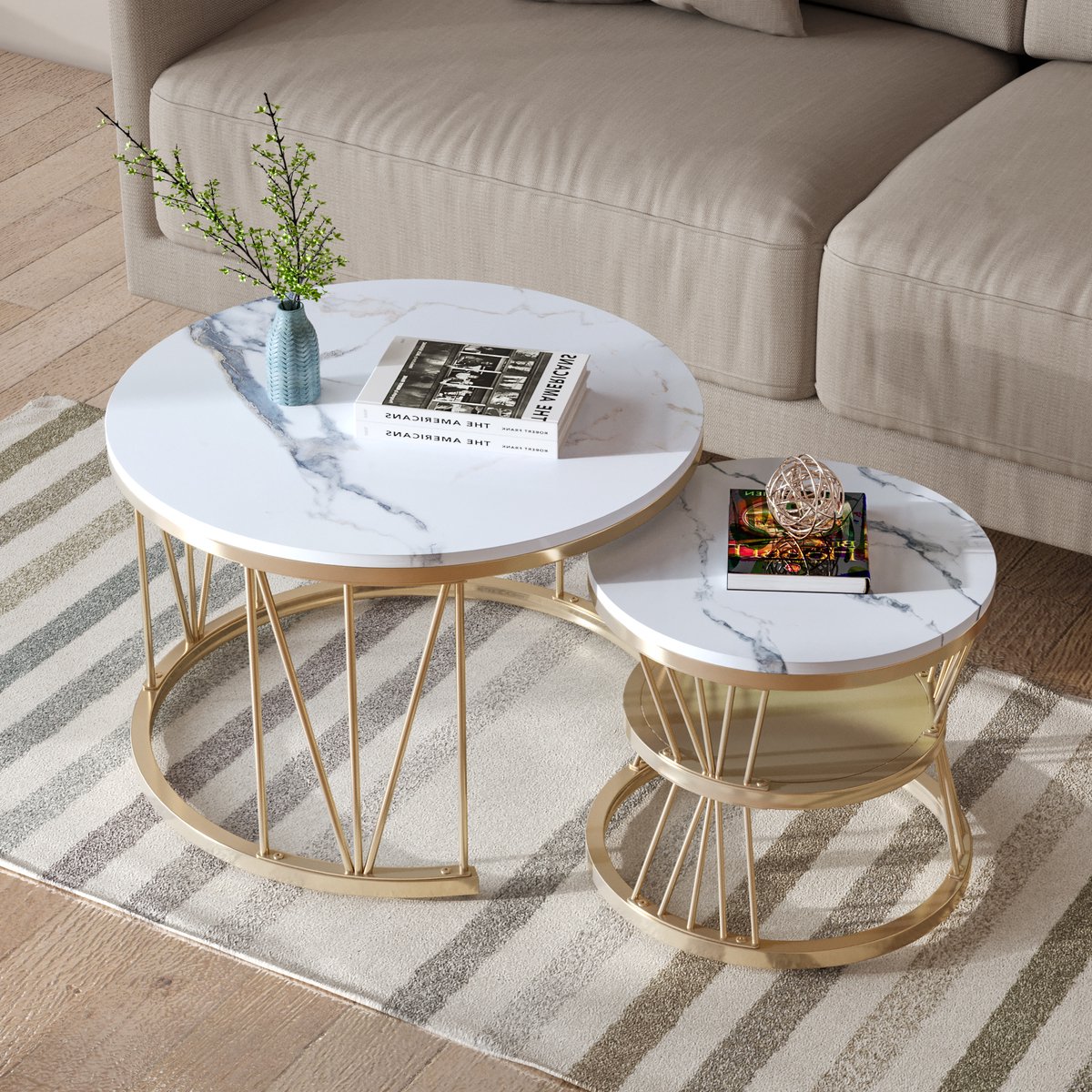 Nesttafels Set van 2 – Ronde Salontafel & Bijzettafel – Marmerlook Tafelblad – Met Metalen Frame en Opbergruimte – Modern Design
