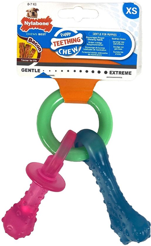 Nylabone puppy teether met ring en twee fopspeenvormige uiteinden, één roze en één blauw. Maat XS.