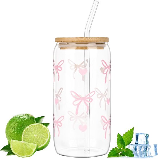 GTJEOI 2 stuks 450ml glazen beker met deksel en rietje, smoothiebeker van glas, ijskoffie glazen, luchtdicht waterdicht design drinkbeker, Geriffelde glazen beker voor sap, water, thee, melk