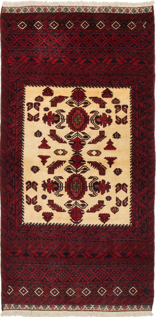 Handgeknoopt Baluch tapijt van wol – Dieprood met ivoor – Nomadisch Perzisch design