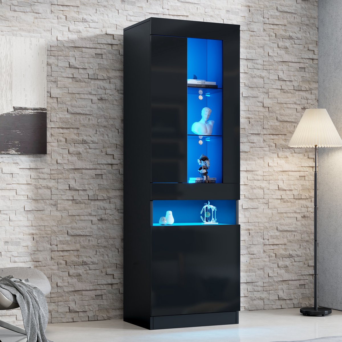 REDOM - Vitrinekast - Spaanplaat - Hoogglans front & betonoptiek - 50 x 180 x 40 cm Black
