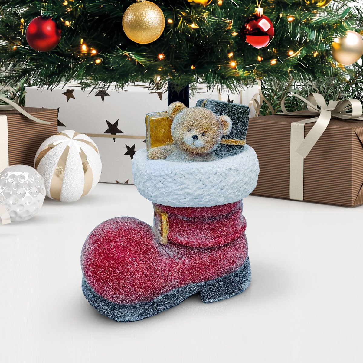 Family Christmas Kerstboomstandaard Santa Kerstman Laars – Decoratieve Kerstboomvoet van Kunststeen – Stevige Boomstandaard voor Kerstboom – Rood/Wit 1 Stuks [58594]