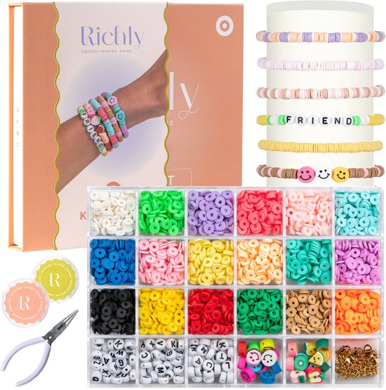 RICHLY Kralen set Katsuki - Sieraden Maken meisjes - Armbandjes maken meisjes - Kralenset incl. Instructieboekje - Knutselen Meisjes - Letterkralen - Polymeer kralen - Kralen ketting - Kralendoos - Bedels
