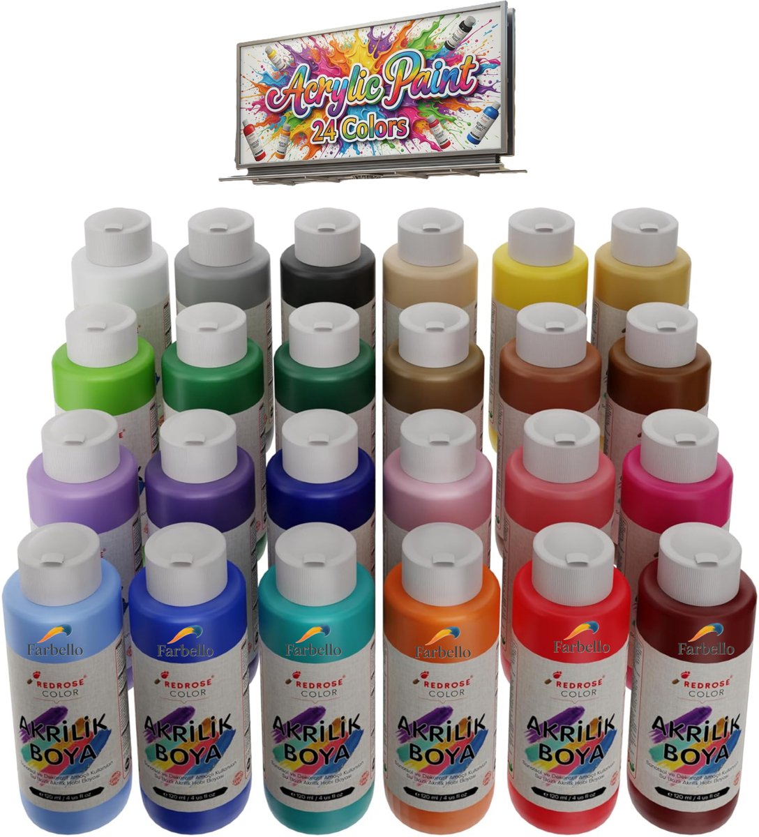 Farbello Acrylverf Set- 24 kleuren*60 ml., Sterk gepigmenteerde, Niet giftige verf op waterbasis, voor canvas, hout, steen, papier en metaal.. — afbeelding 2