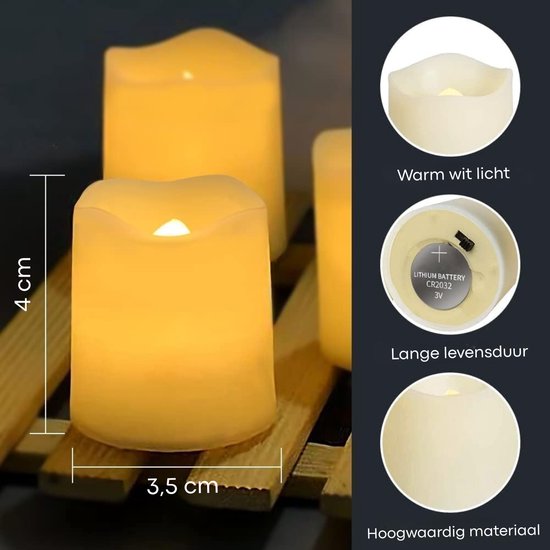 Drie witte LED-kaarsen op een houten ondergrond, met afmetingen van 3,5 cm breed en 4 cm hoog. Een detail toont 'Warm wit licht', 'Lange levensduur' en 'Hoogwaardig materiaal'.