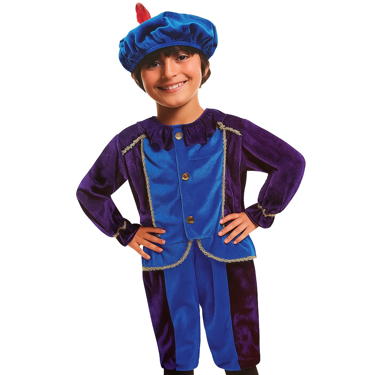 Pietenpak Kind 4-6 Jaar – 3-Delig Pieten Kostuum met Muts – Blauw Paars – PartyFX Verkleedkleding