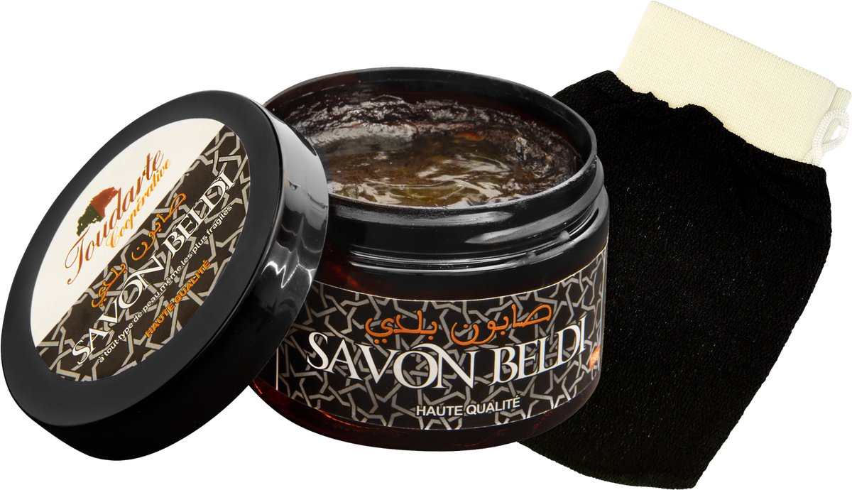 Sabon Beldi - Olijfolie - Marokkaanse Zwarte Zeep - Biologisch - 150g - Plus Kessa (Scrubhandschoen)