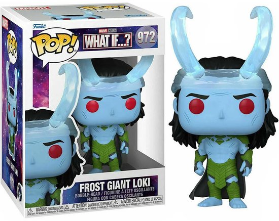 Frost Giant Loki Funko Pop! met blauwe huid, rode ogen, groene pantser en ijzige hoorns.