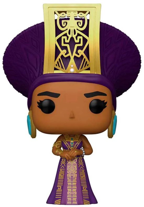 Queen Ramonda Funko Pop! figuur in paarse jurk met gouden versieringen en grote paarse hoofdtooi met gouden accenten.