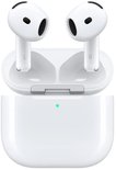 AirPods blancs dans un boîtier de chargement blanc ouvert. 'L' et 'R' marqués sur les tiges.