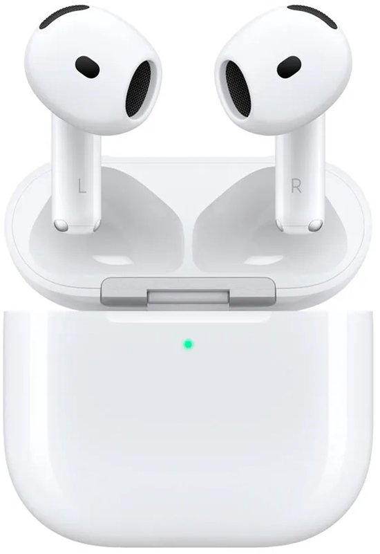 AirPods blancs dans un boîtier de chargement blanc ouvert. 'L' et 'R' marqués sur les tiges.