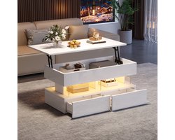 Re-purelife® Hydraulisch Verstelbare Salontafel met LED Verlichting - Witte Tafel met 2 Lades & Verborgen Opbergruimte - Glazen Plaat & App Bediening - Multifunctionele Woonkamertafel - 120*50*46 cm