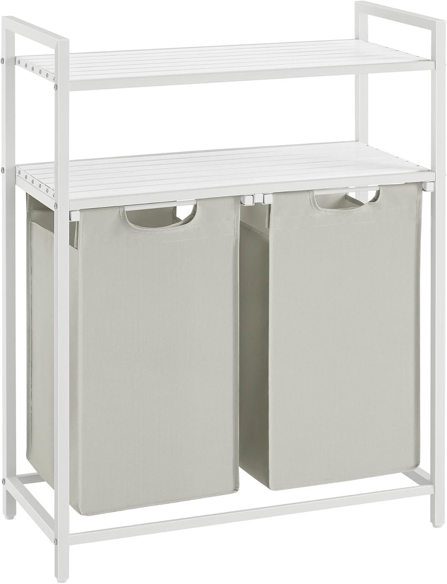 Wasmand - 2 Vakken & Opbergrek – Dubbele Was Sorter met Uitneembare Waszakken – 90L - Wit - 73x33x92cm