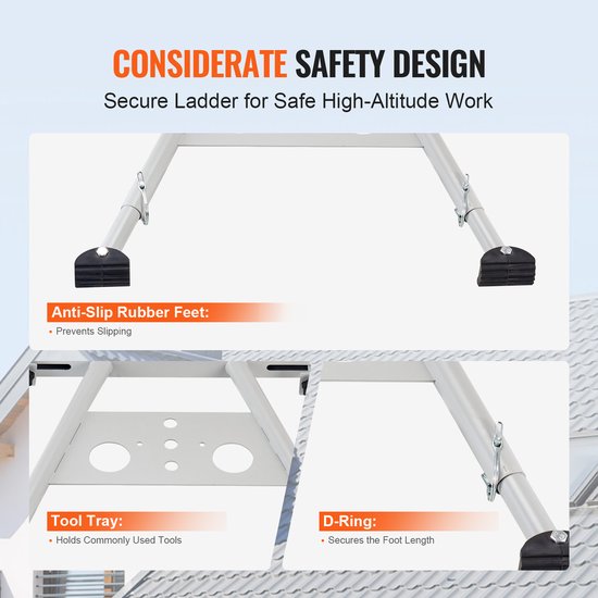VEVOR ladder stabilisator met anti-slip rubberen voetjes, gereedschapsbakje en D-ring voor beveiliging.