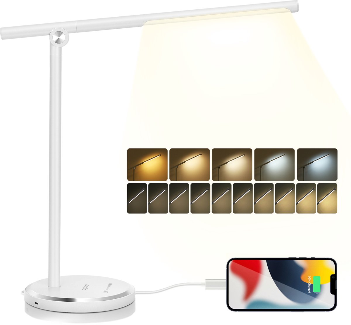 Aigostar Vince - Bureaulamp led dimbaar - 10 helderheidsmodi - 5 lichtkleuren - Opvouwbaar - USB Opladen - Smart Touch - Leeslamp - Tafellamp - Wit