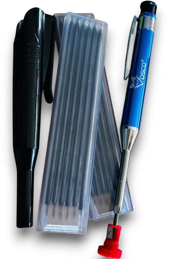 Vosco markeerstift met blauwe stift, rode puntenslijper, zwarte dop en 2 houders met 2mm navullingen.