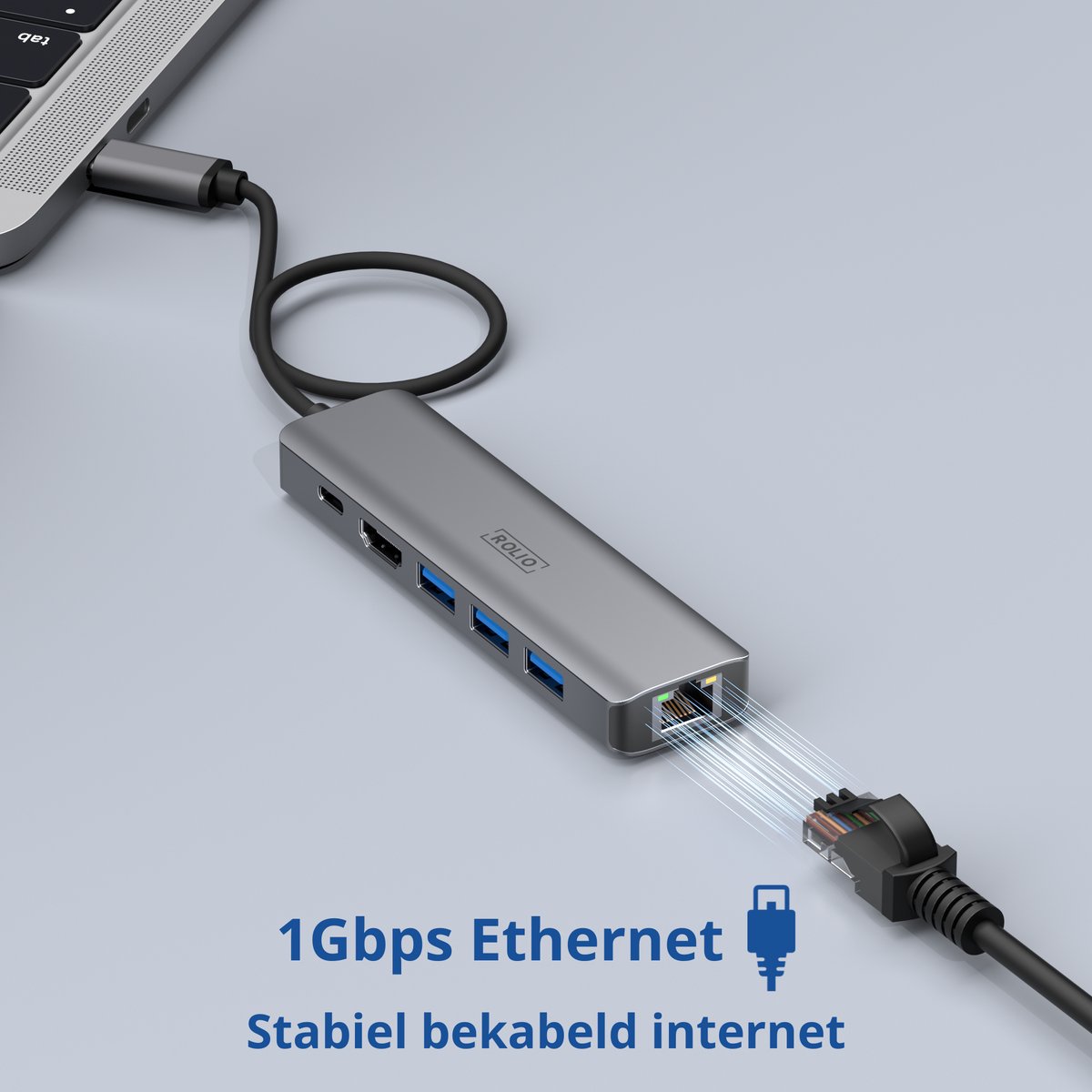USB-C Hub 6-in-1 met HDMI 4K, Ethernet 1Gbps, USB-C laadpoort 100W, 3x USB 3.0 – Rolio, universeel voor MacBook, Windows - Afbeelding 4