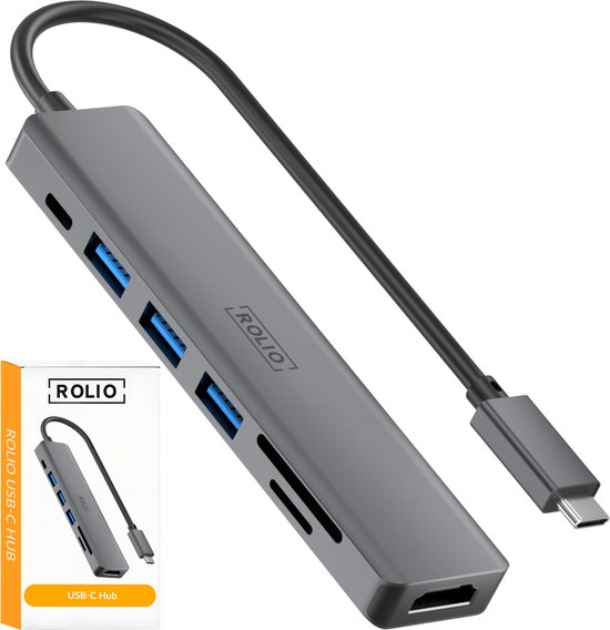 Rolio USB C Hub - 1x HDMI 4K - 1x USB-C - 3x USB-A - 2x Kaartlezer - USB Splitter - Geschikt voor Macbook Pro / Air / Windows / Universeel