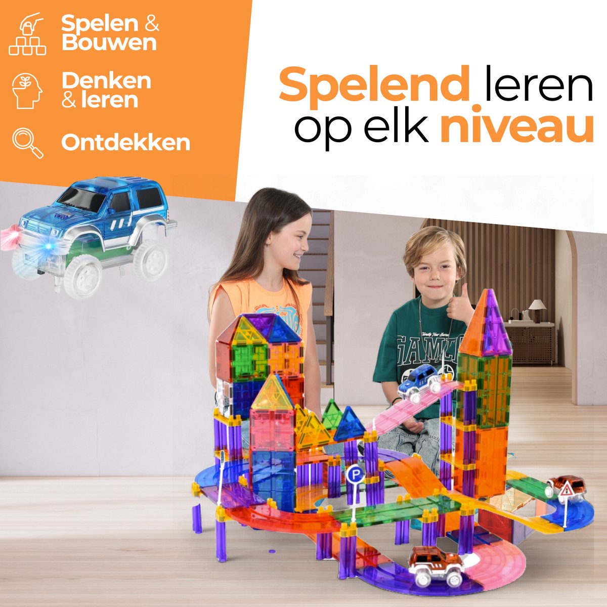Magna Minds - Magnetic Tiles racebaan - Zelfrijdende auto - Magnetisch Speelgoed – 78 stuks - Constructie speelgoed - Magnetische tegels - Montessori speelgoed - Magnetic toys - Magnetische bouwstenen - Speelgoed Kinderen — afbeelding 8