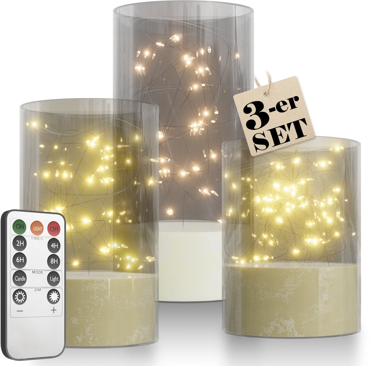 Set van 3 LED-kaarsen, Filament Design, Vlamloze kaarsen met afstandsbediening, Stompkaarsen met timerfunctie, Elektrische kaarsen met flikkerende vlammen voor tafeldecoratie, badkamerdecoratie, woonkamerdecoratie - Transparant