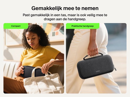 Vrouw met gele top zet hoes in een tas, man draagt hoes met handgreep.