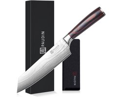 Paudin N18 - Koksmes - Kiritsuke - 20 cm Lemmet - Vlijmscherp Keukenmes - Hoogwaardig Koolstofstaal - Damascus Patroon
