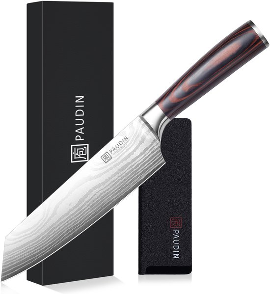 Couteau de chef Paudin N18 - Kiri-Tsuke - Lame de 20 cm - Couteau de cuisine ultra-tranchant - Acier au carbone de haute qualité - Motif damassé