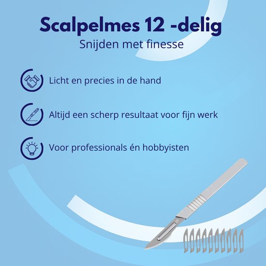 Zilverkleurig scalpelmes met extra mesjes. Geïllustreerde voordelen: licht, precies en scherp.