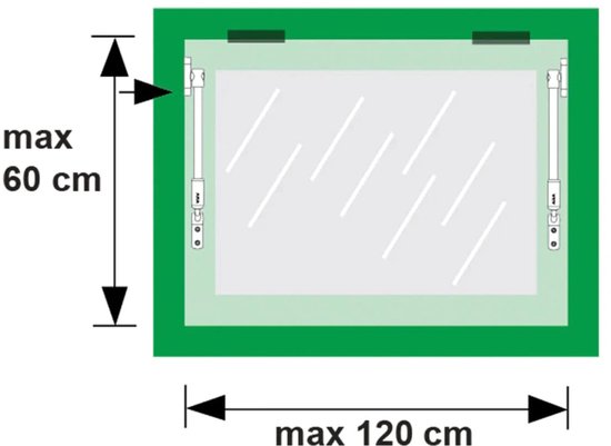 Technische tekening van een raamuitzetter voor ramen tot 120 cm breed en 60 cm hoog, op een groen kozijn.