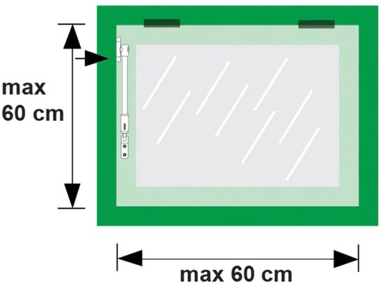 Technische tekening van een raam met maximale breedte en hoogte van 60 cm, met een raamuitzetter aan de linkerkant.